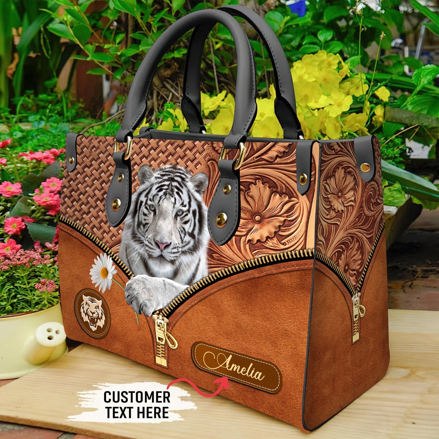 Cool White Tiger Daisy Flower Personalized Leather Handbag