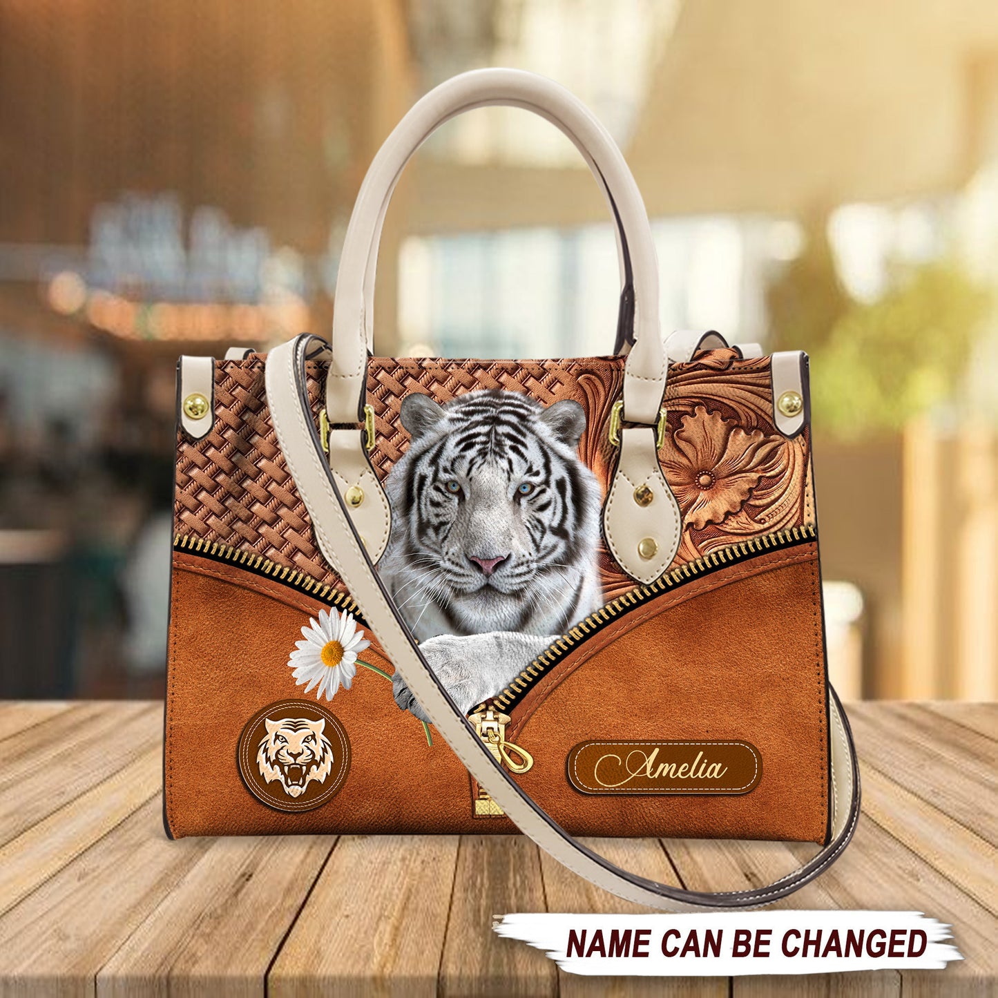 Cool White Tiger Daisy Flower Personalized Leather Handbag