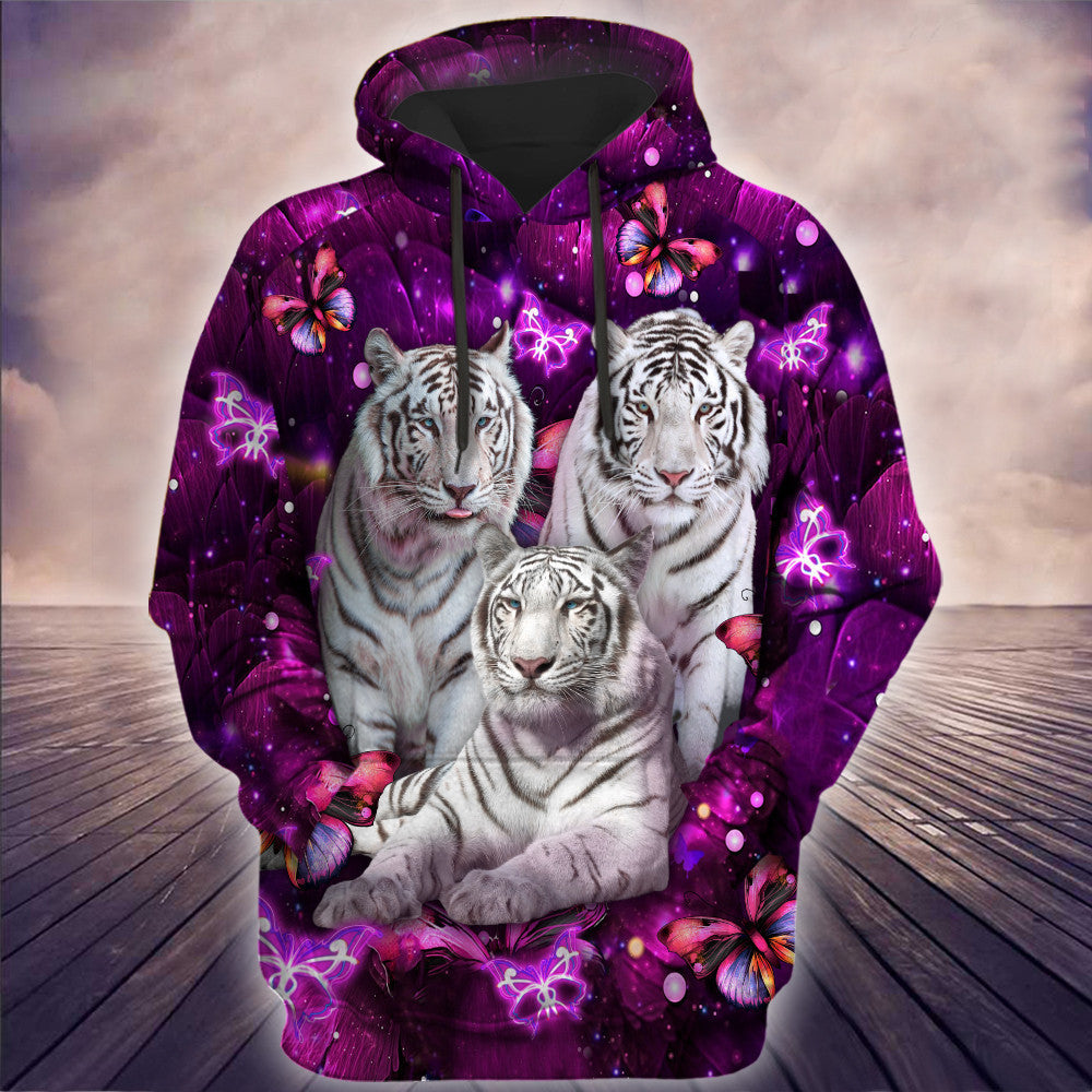 White Tiger Purple Flower 3D All Over Printed Unisex Shirt